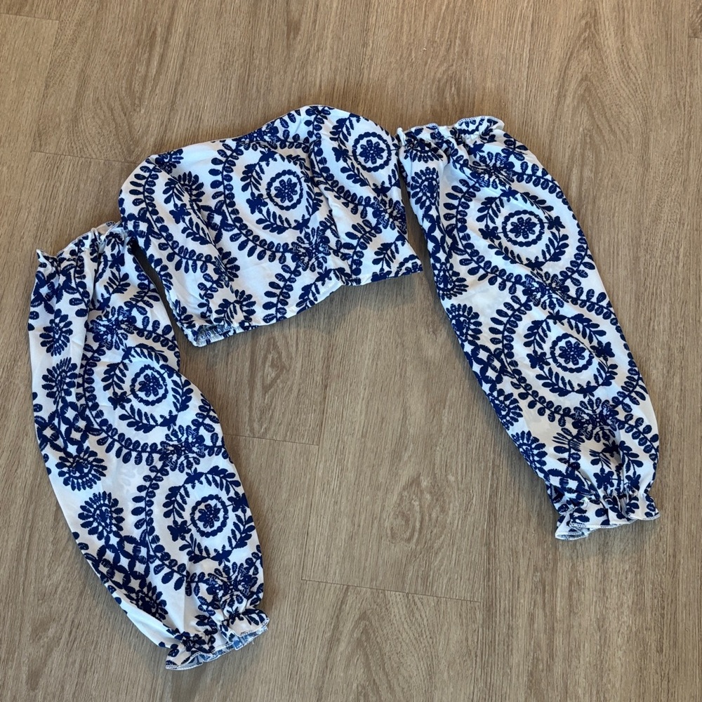 Blue and White Off the Shoulder Floral Crop Top with Sleeves